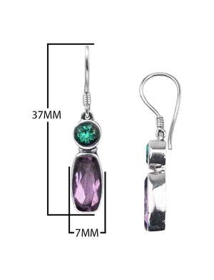 Sterling Silver Earrings With Green Quartz Round Top And Amethyst Quartz Elongated Drop