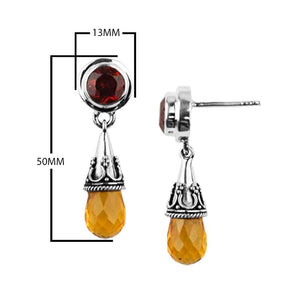 Sterling Silver Earrings With Garnet Quartz Round Top And Citrine Quartz Teardrop Drop