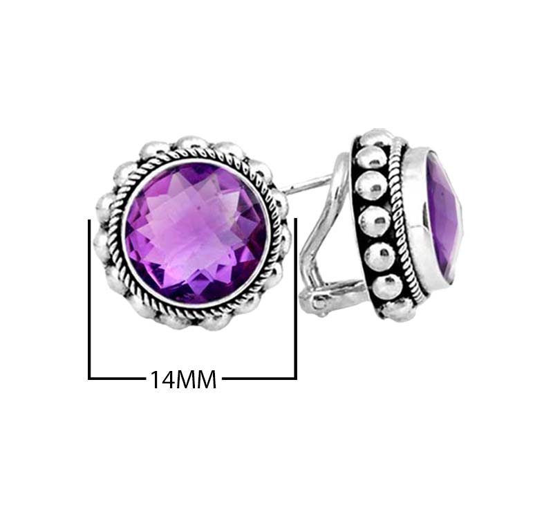 Sterling Silver Round Stud Earrings With Faceted Amethyst Quartz And Textured Bezel