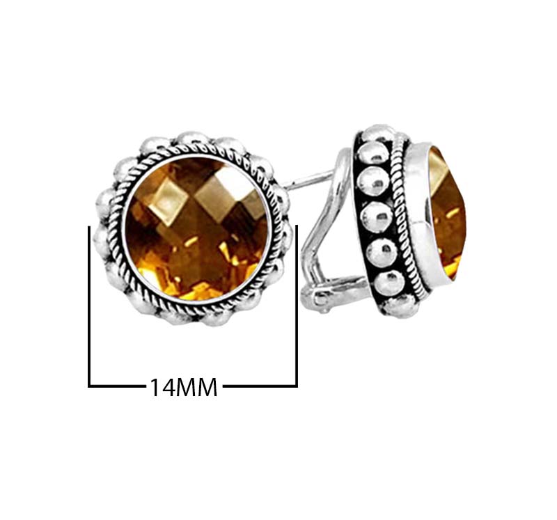 Sterling Silver Round Stud Earrings With Faceted Citrine Quartz And Textured Bezel