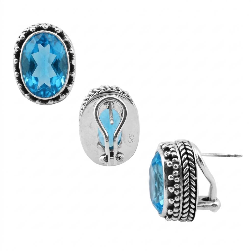 Sterling Silver Oval Stud Earrings With Faceted Blue Topaz Quartz And Textured Bezel