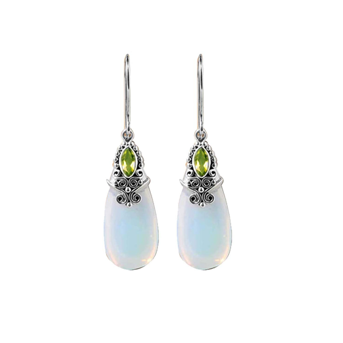 Sterling Silver Earrings With Opalite Teardrop And Peridot Marquise Accent