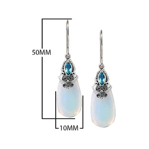 Sterling Silver Earrings With Opalite Teardrop And Blue Topaz Quartz Accent