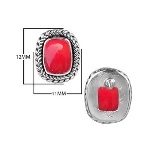 Sterling Silver Oval Cushion Stud Earrings With Red Coral