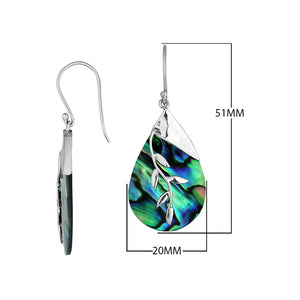 Sterling Silver Drop Earrings With Abalone Shell Teardrop And Silver Leaf Overlay.