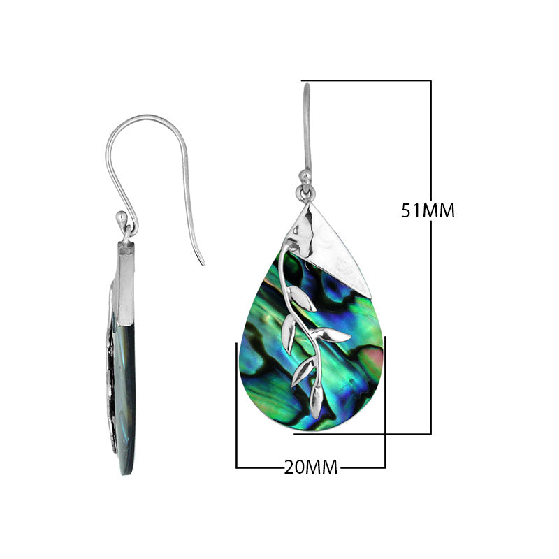 Sterling Silver Drop Earrings With Abalone Shell Teardrop And Silver Leaf Overlay.