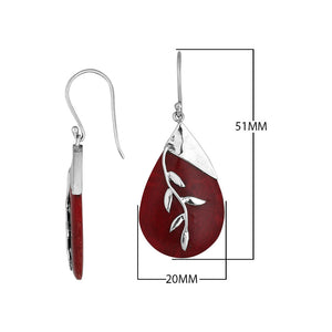 Sterling Silver Drop Earrings With Red Coral Teardrop And Silver Leaf Overlay.