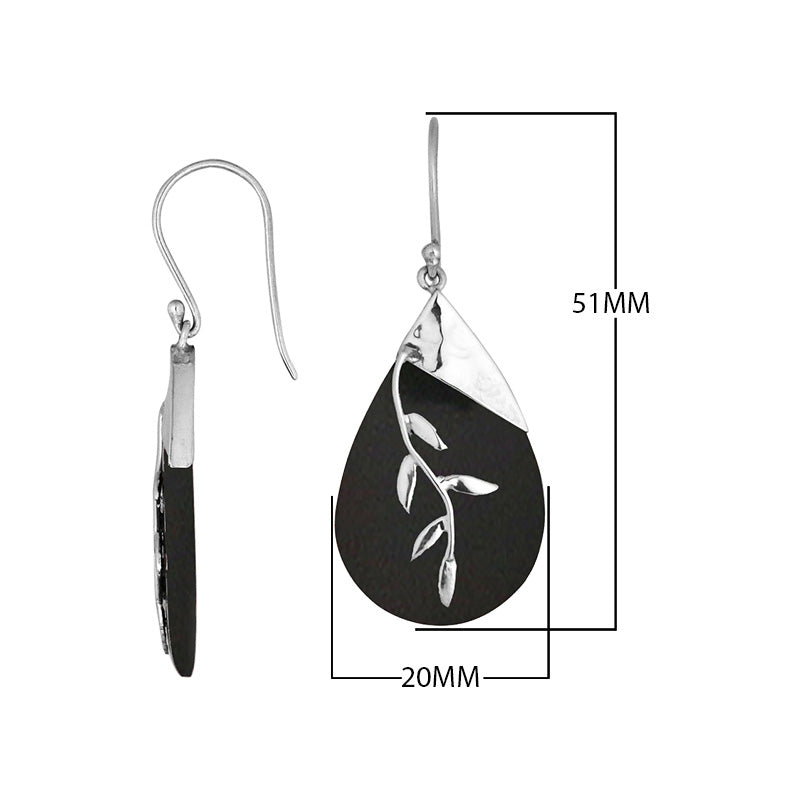 Sterling Silver Drop Earrings With Black Shell Teardrop And Silver Leaf Overlay.
