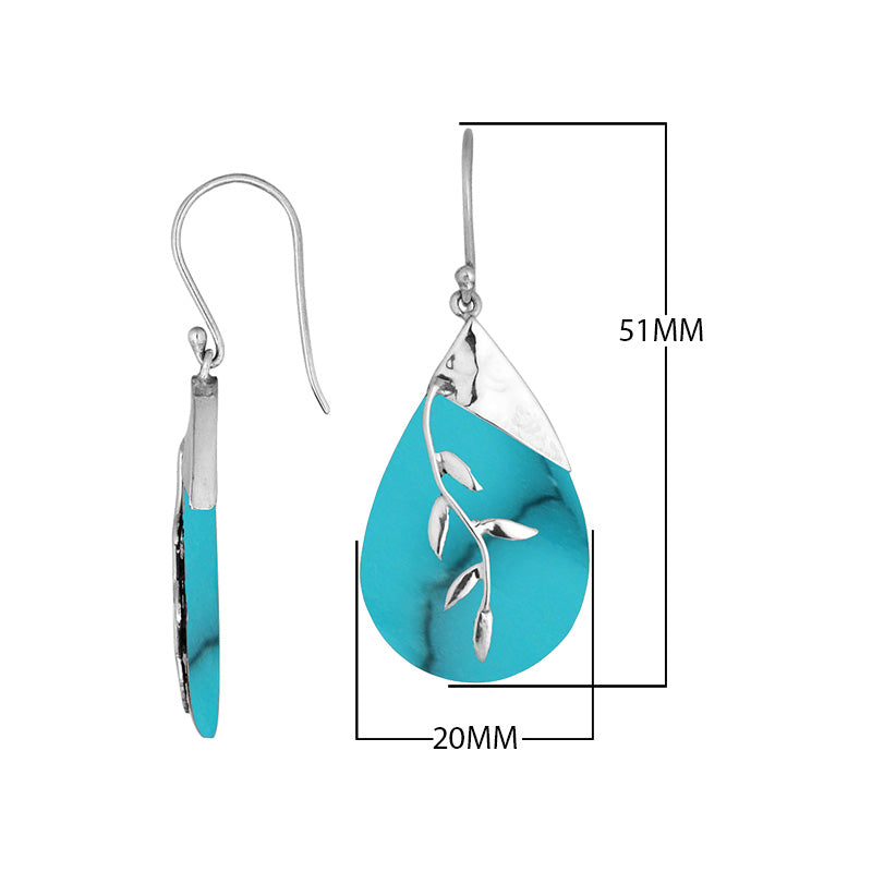 Sterling Silver Drop Earrings With Turquoise Shell Teardrop And Silver Leaf Overlay.