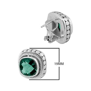 Sterling Silver Clip-On Earrings With Green Quartz Cushion And Braided Dotted Border.