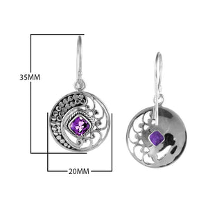 Sterling Silver Disc Earrings With Amethyst Quartz Square Center And Swirl Dotted Design.