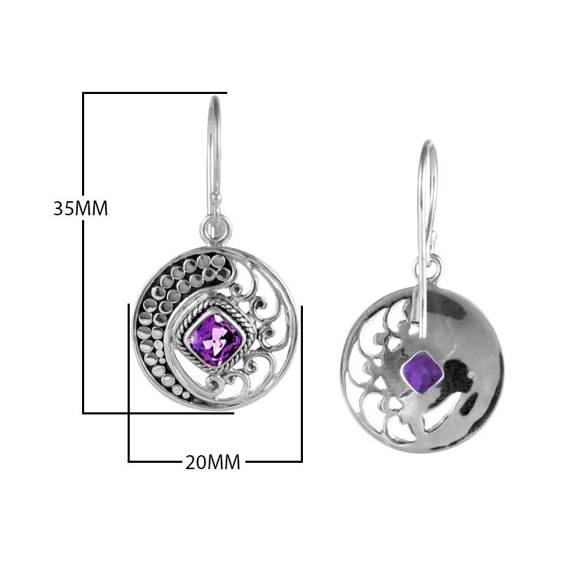 Sterling Silver Disc Earrings With Amethyst Quartz Square Center And Swirl Dotted Design.