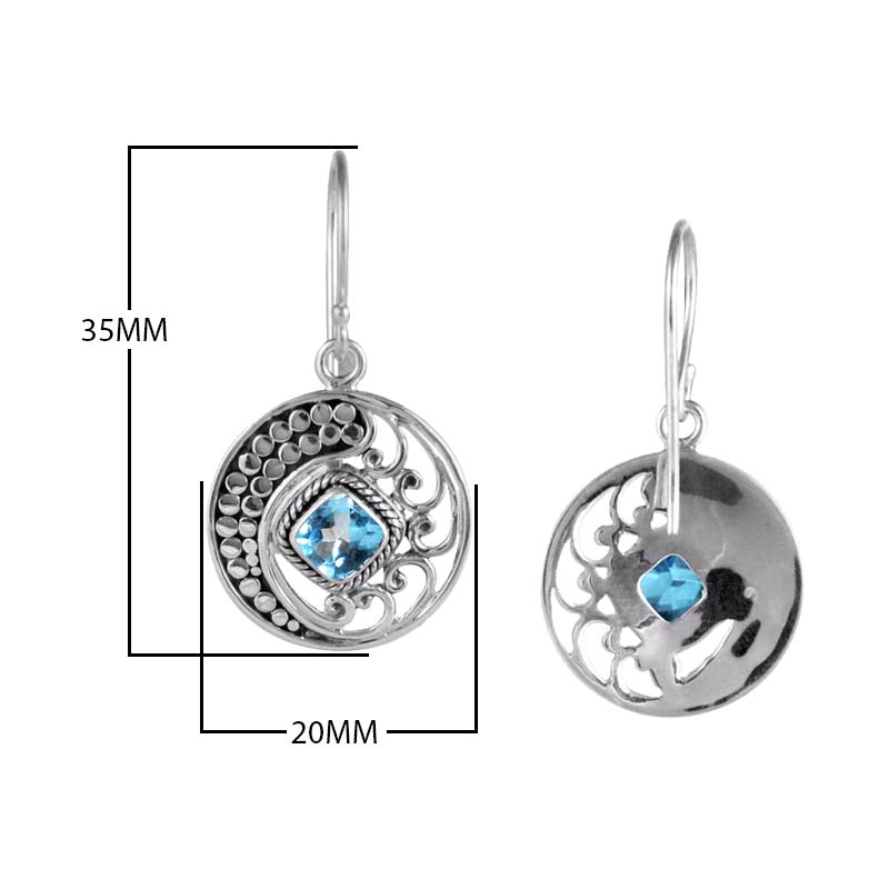 Sterling Silver Disc Earrings With Blue Topaz Quartz Square Center And Swirl Crescent Detailing.