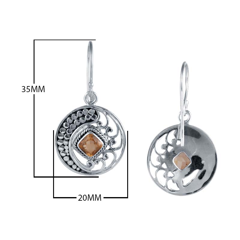 Sterling Silver Disc Earrings With Citrine Quartz Square Center And Swirl Dotted Detailing.