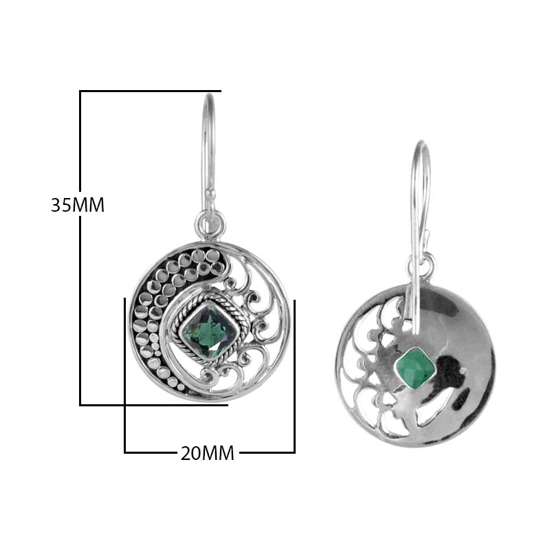 Sterling Silver Disc Earrings With Green Quartz Square Center And Swirl Crescent Detailing.