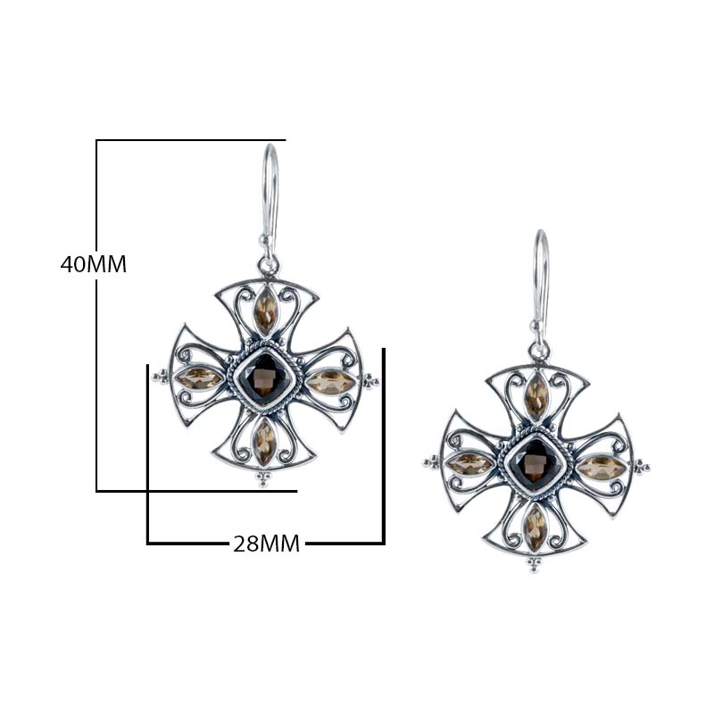 Sterling Silver Cross Earrings With Smoky Quartz Center And Citrine Quartz Marquise Accents.