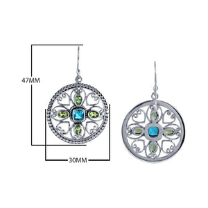 Sterling Silver Mandala Earrings With Blue Topaz Quartz Center And Peridot Quartz Marquise Accents.