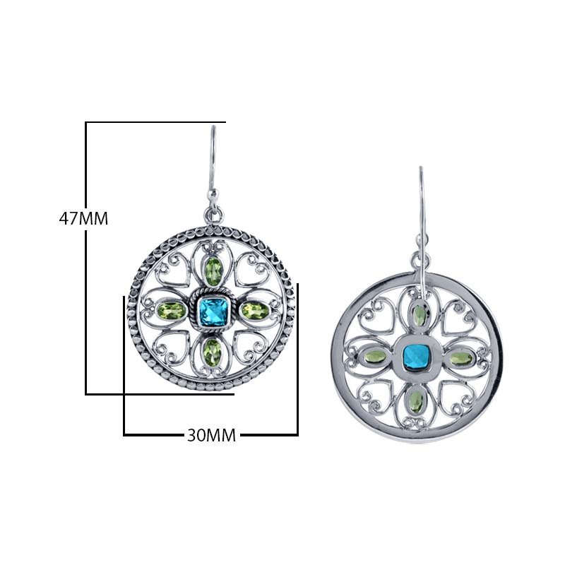 Sterling Silver Mandala Earrings With Blue Topaz Quartz Center And Peridot Quartz Marquise Accents.
