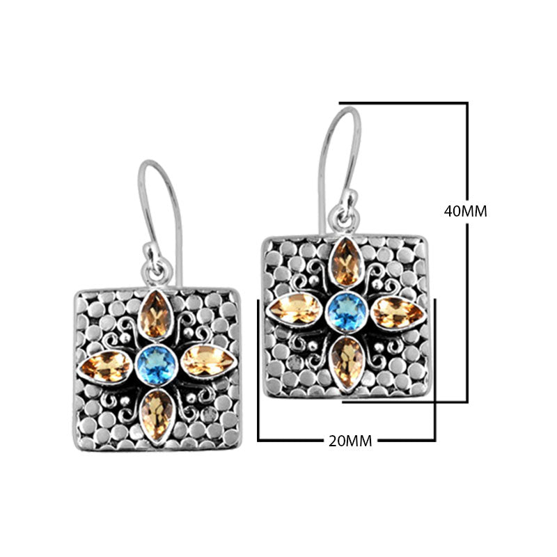 Sterling Silver Square Earrings With Blue Topaz Quartz Center And Citrine Quartz Floral Accents.