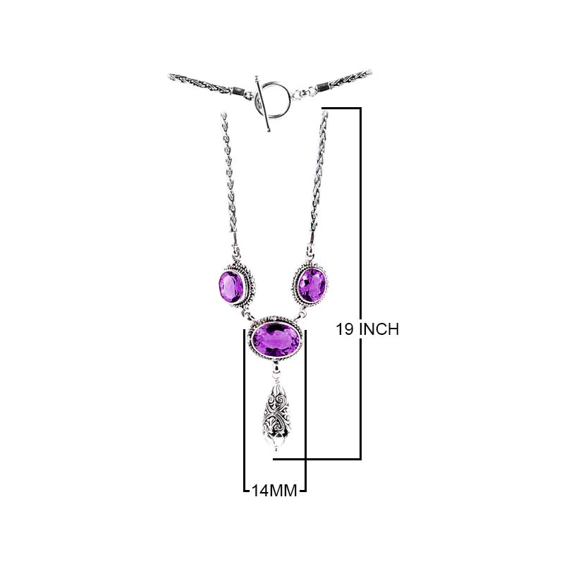 Sterling Silver Bali Handcrafted Amethyst Quartz Pendant Necklace With Decorative Finish.