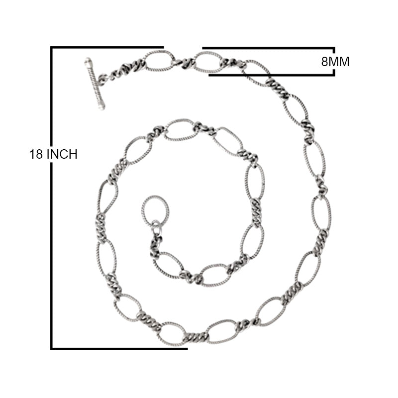 Sterling Silver Bali Handcrafted Twisted Oval Link Necklace Chain With Decorative Finish.