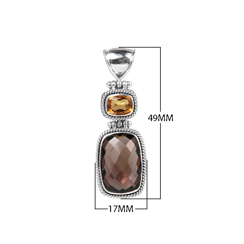 Sterling Silver Pendant Featuring Citrine And Smoky Quartz In Rope-Edge Bezel Frames.