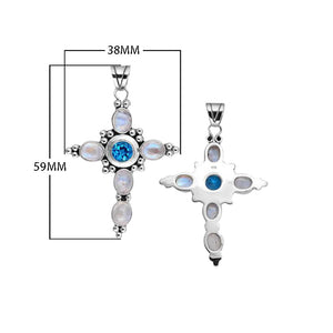Sterling Silver Cross Pendant Featuring Blue Topaz Quartz And Rainbow Moonstone With Polished Bead Accents.