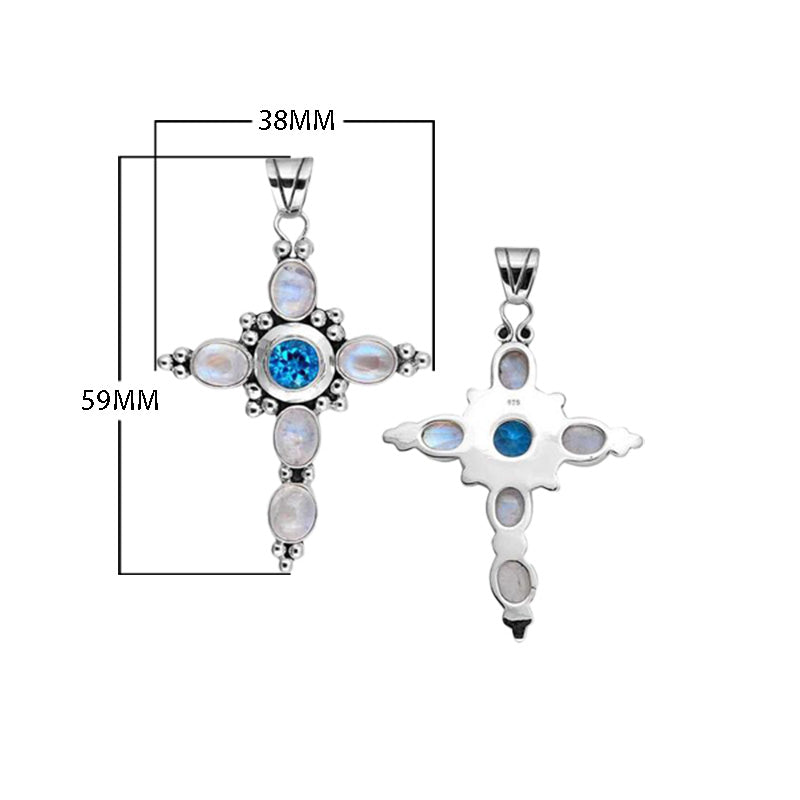 Sterling Silver Cross Pendant Featuring Blue Topaz Quartz And Rainbow Moonstone With Polished Bead Accents.