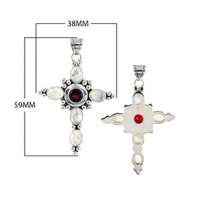 Sterling Silver Cross Pendant Featuring Garnet Quartz And Rainbow Moonstone With Polished Silver Beads.