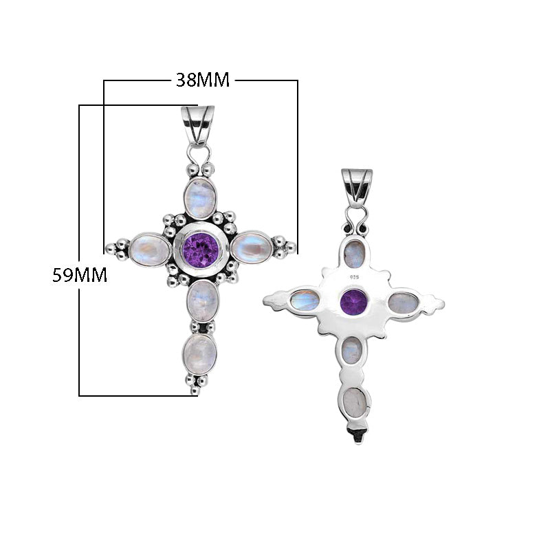Sterling Silver Cross Pendant Featuring Amethyst Quartz And Rainbow Moonstone With Polished Bead Accents.