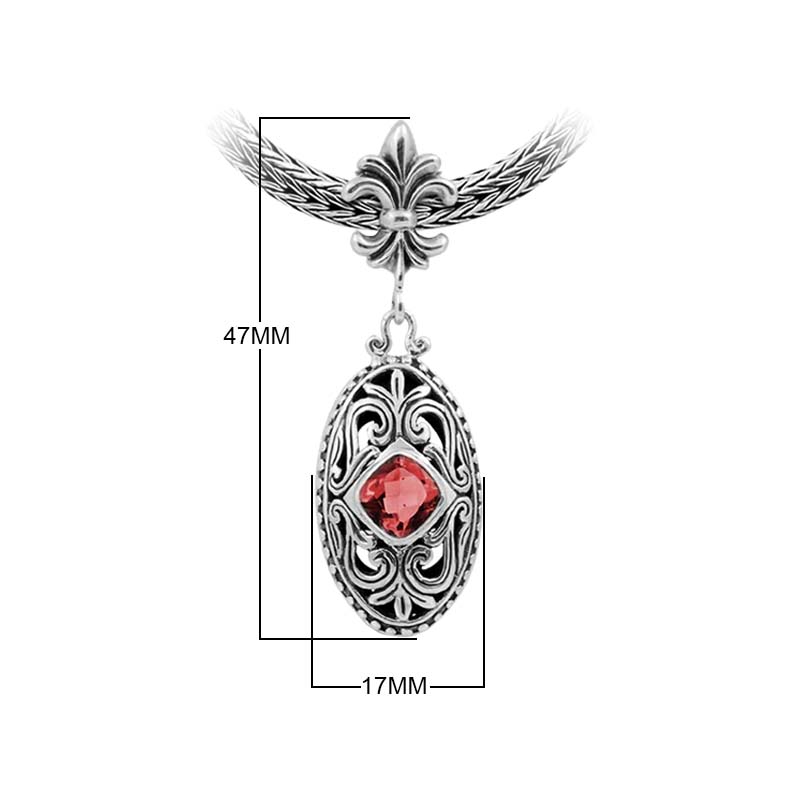 Sterling Silver Ornate Oval Pendant Featuring Garnet Quartz With Fleur-De-Lis Decorative Bail.