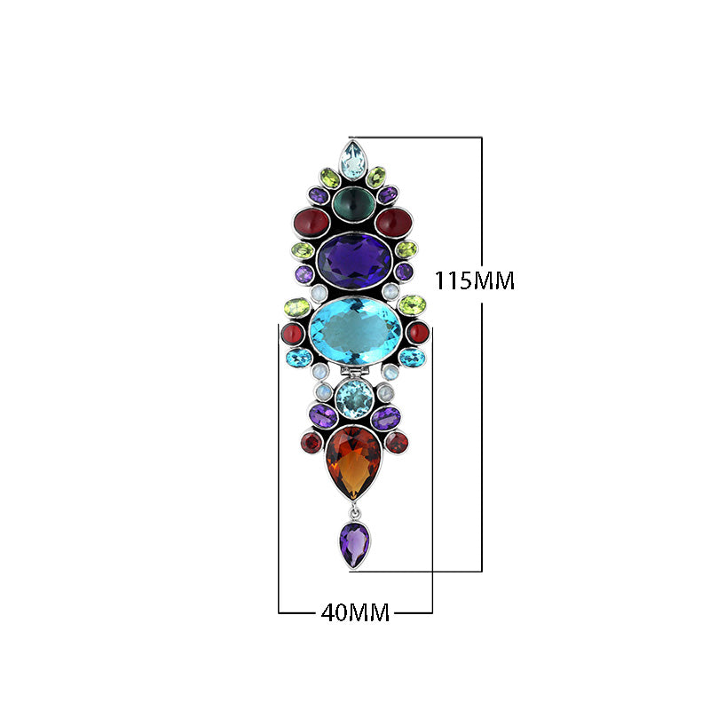 Sterling Silver Vertical Multi-Stone Pendant With Mixed Quartz And Balinese Artisan Detailing.