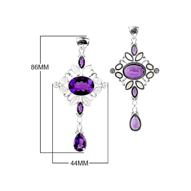Sterling Silver Geometric Pendant With Amethyst Quartz, Rainbow Moonstone And Mother Of Pearl.