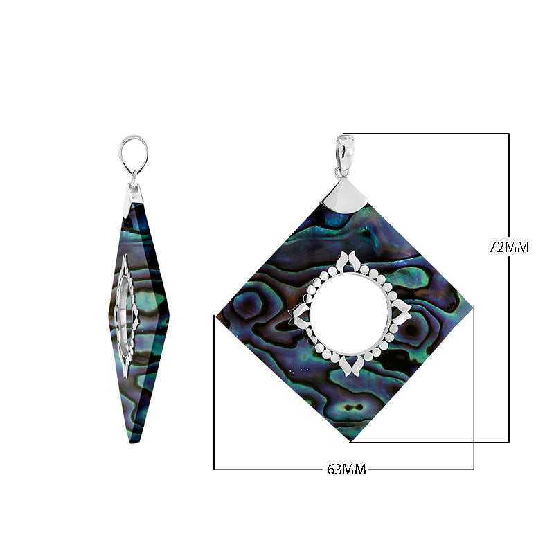 Sterling Silver Square Pendant Featuring Abalone Shell With Central Silver Medallion.