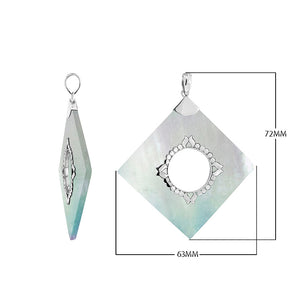 Sterling Silver Square Pendant Featuring Mother Of Pearl With Carved Central Silver Medallion.