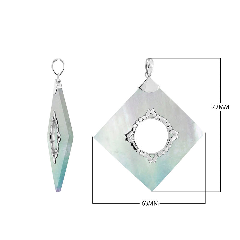 Sterling Silver Square Pendant Featuring Mother Of Pearl With Carved Central Silver Medallion.