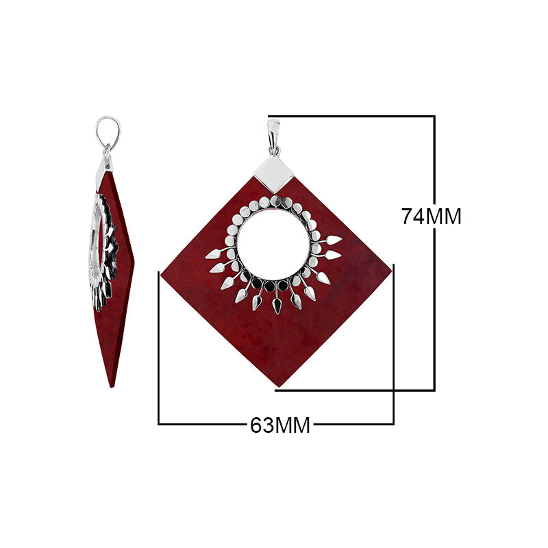 Sterling Silver Diamond Pendant Featuring Red Coral With Sunburst Medallion.