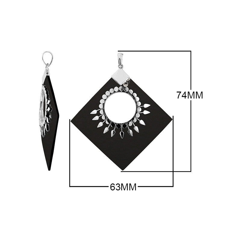 Sterling Silver Diamond Pendant Featuring Black Shell With Sunburst Medallion.