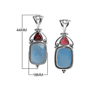 Sterling Silver Pendant With Chalcedony Quartz And Garnet Quartz Accented By Balinese Scrollwork.