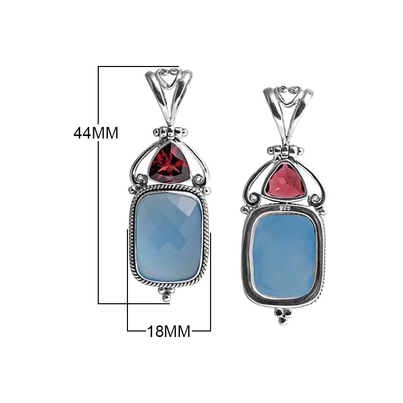 Sterling Silver Pendant With Chalcedony Quartz And Garnet Quartz Accented By Balinese Scrollwork.