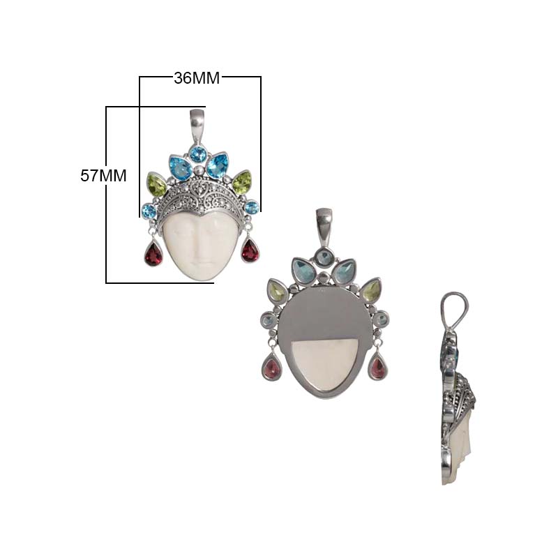 Sterling Silver Bone Face Pendant With Multi Quartz Crown And Balinese Detailing.