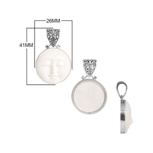 Sterling Silver Bone Face Round Pendant With Ornate Balinese Scrollwork Bail.