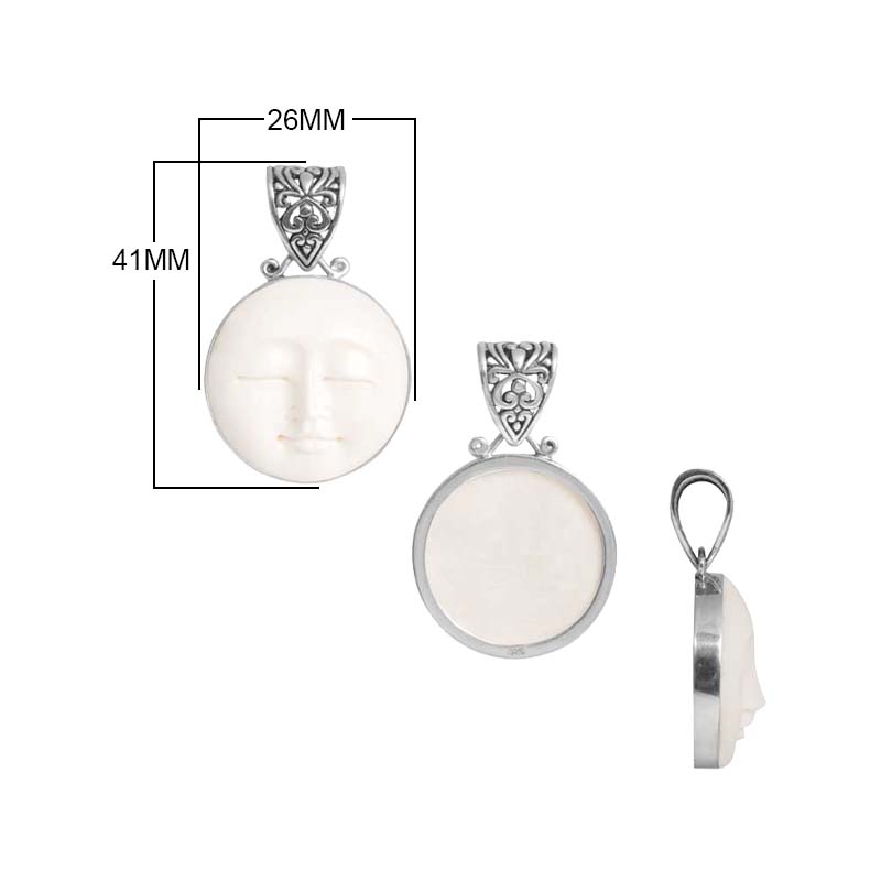 Sterling Silver Bone Face Round Pendant With Ornate Balinese Scrollwork Bail.