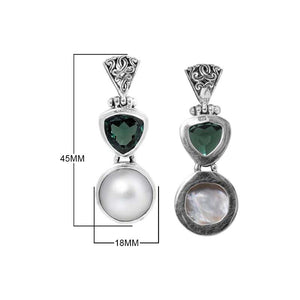 Sterling Silver Pendant With Green Quartz And Mabe Pearl In Dual-Drop Balinese Design.
