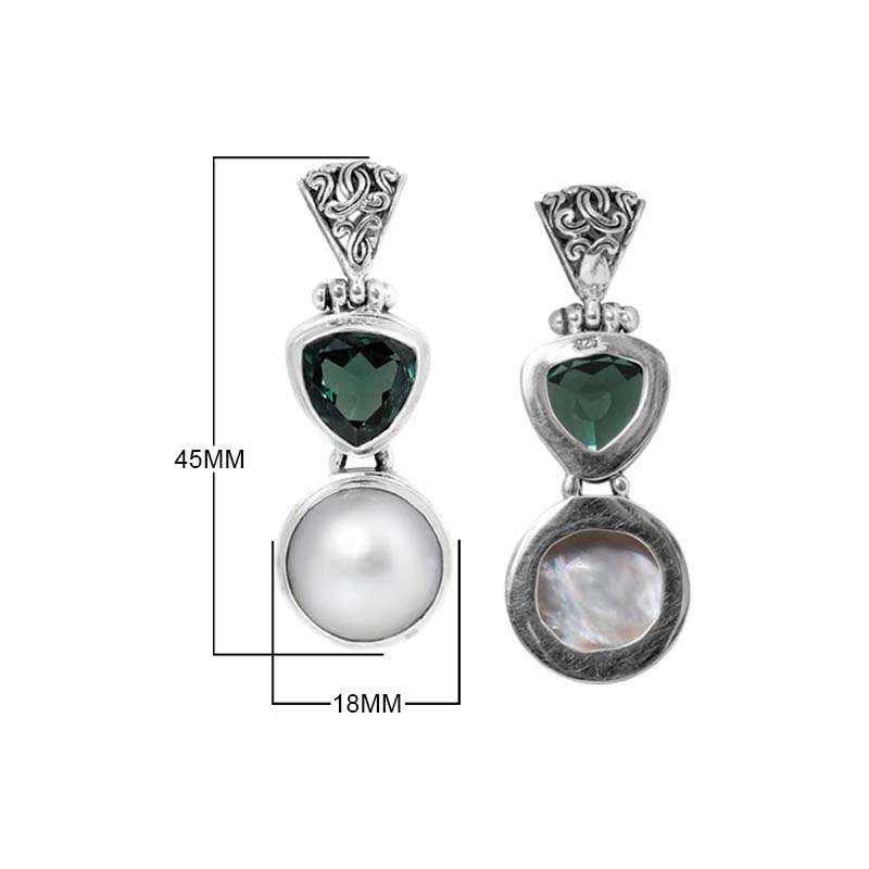 Sterling Silver Pendant With Green Quartz And Mabe Pearl In Dual-Drop Balinese Design.