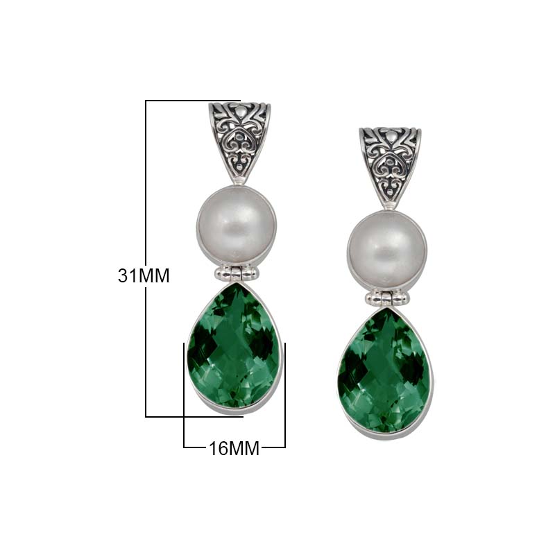 Sterling Silver Pendant With Mabe Pearl And Green Quartz In Teardrop Balinese Design.