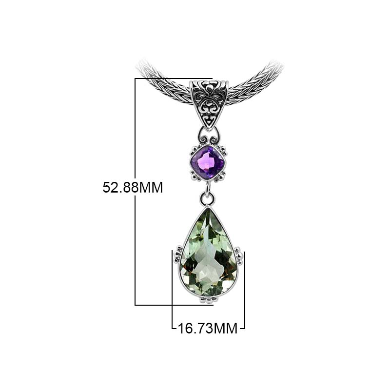 Sterling Silver Pendant With Amethyst Quartz And Green Quartz In Balinese Teardrop Design.