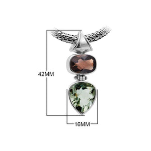 Sterling Silver Pendant With Smoky Quartz And Green Amethyst Quartz In Two-Stone Balinese Design.