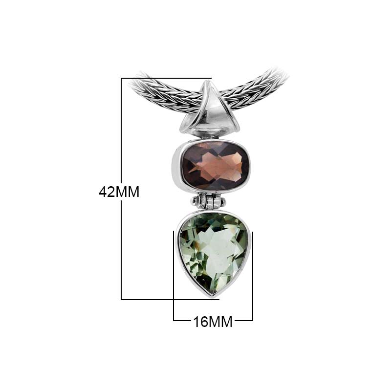 Sterling Silver Pendant With Smoky Quartz And Green Amethyst Quartz In Two-Stone Balinese Design.