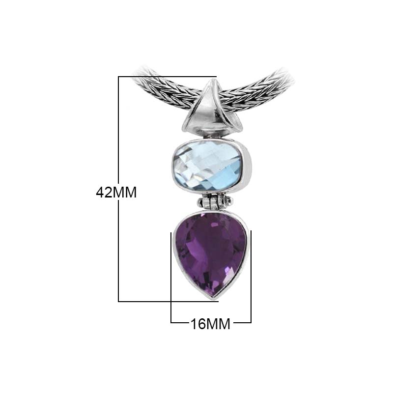 Sterling Silver Pendant With Blue Topaz Quartz And Amethyst Quartz In Two-Stone Balinese Design.